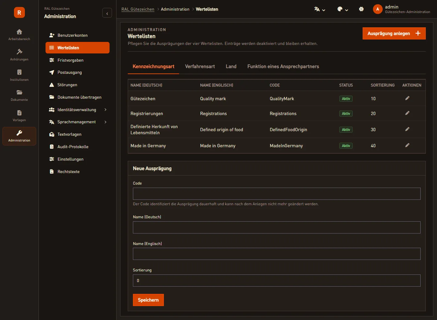 Screenshot: Wertelisten (Dunkel)
