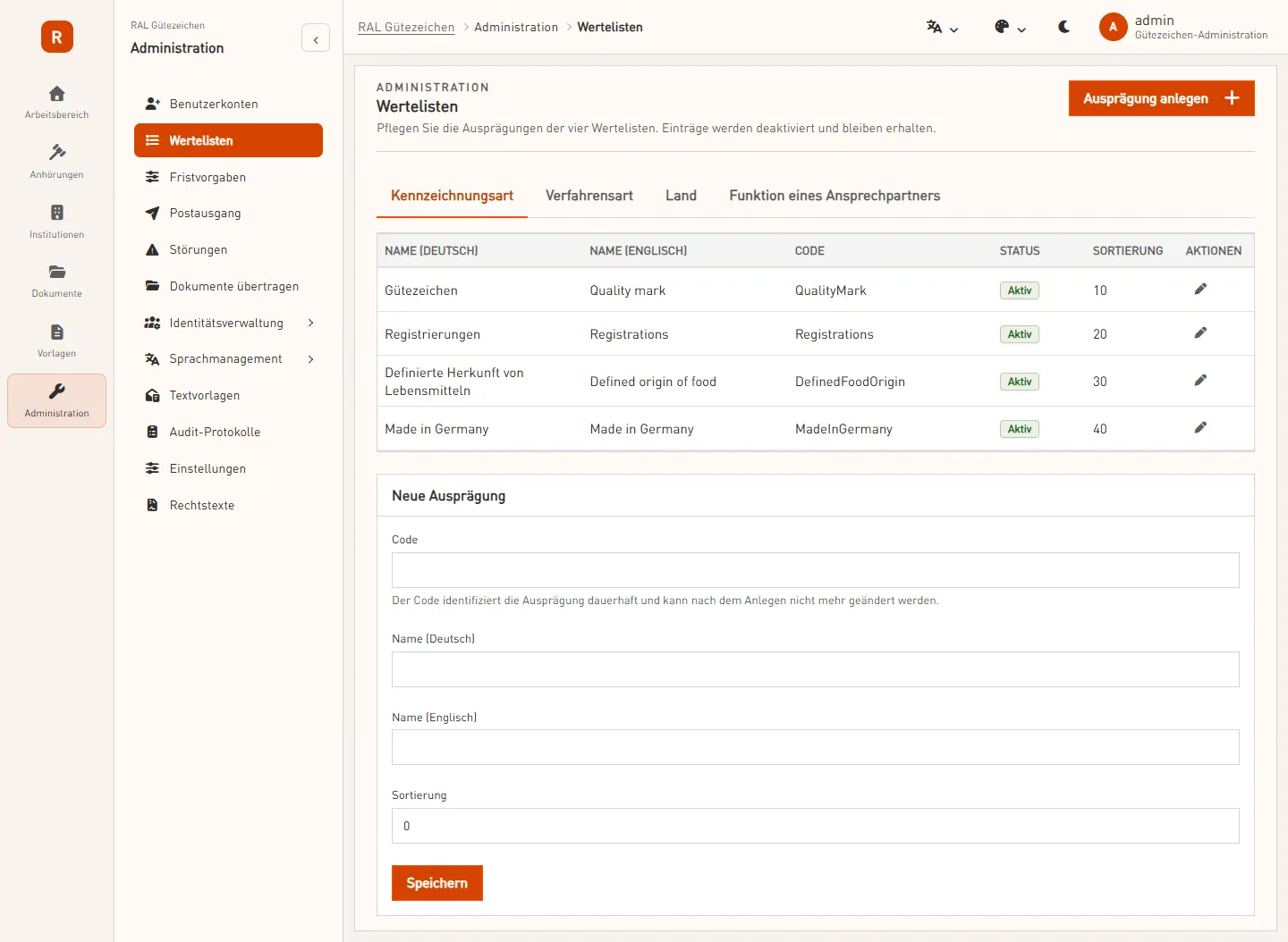 Screenshot: Wertelisten (Hell)